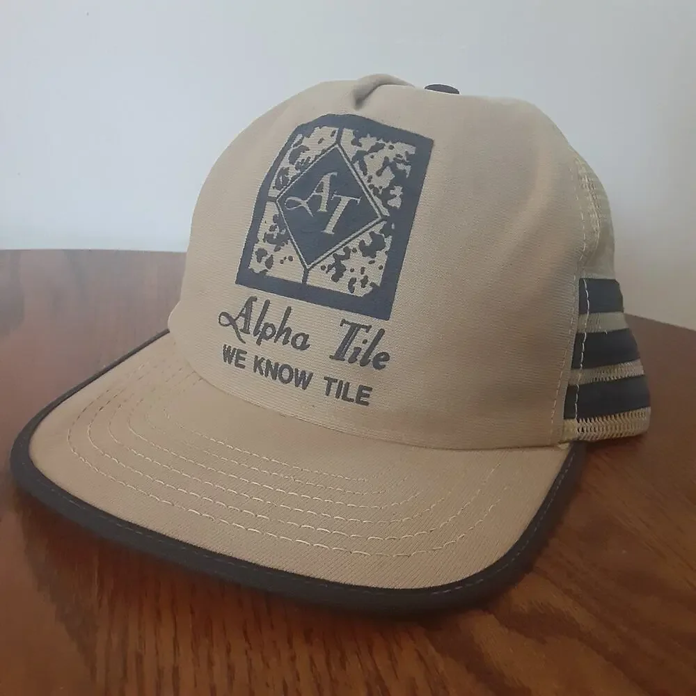 Vintage Alpha Tile We Know Tile 3 Stripe Trucker Hat Beige Blue